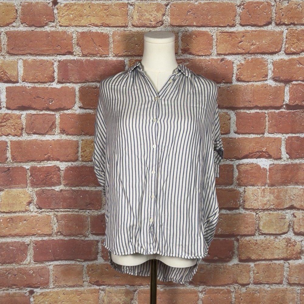 Madewell 100% Viscose Dalton Stripe Blue Shirred Button Down Short Sleeve XS
